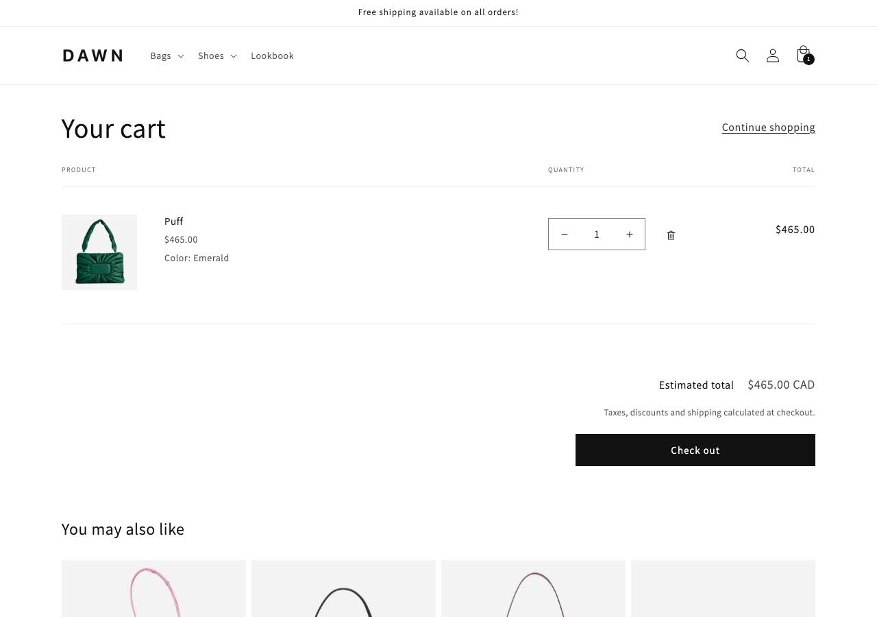 Real Shopify cart page on the Dawn demo store showing one item, quantity stepper, estimated total, and the Check out button