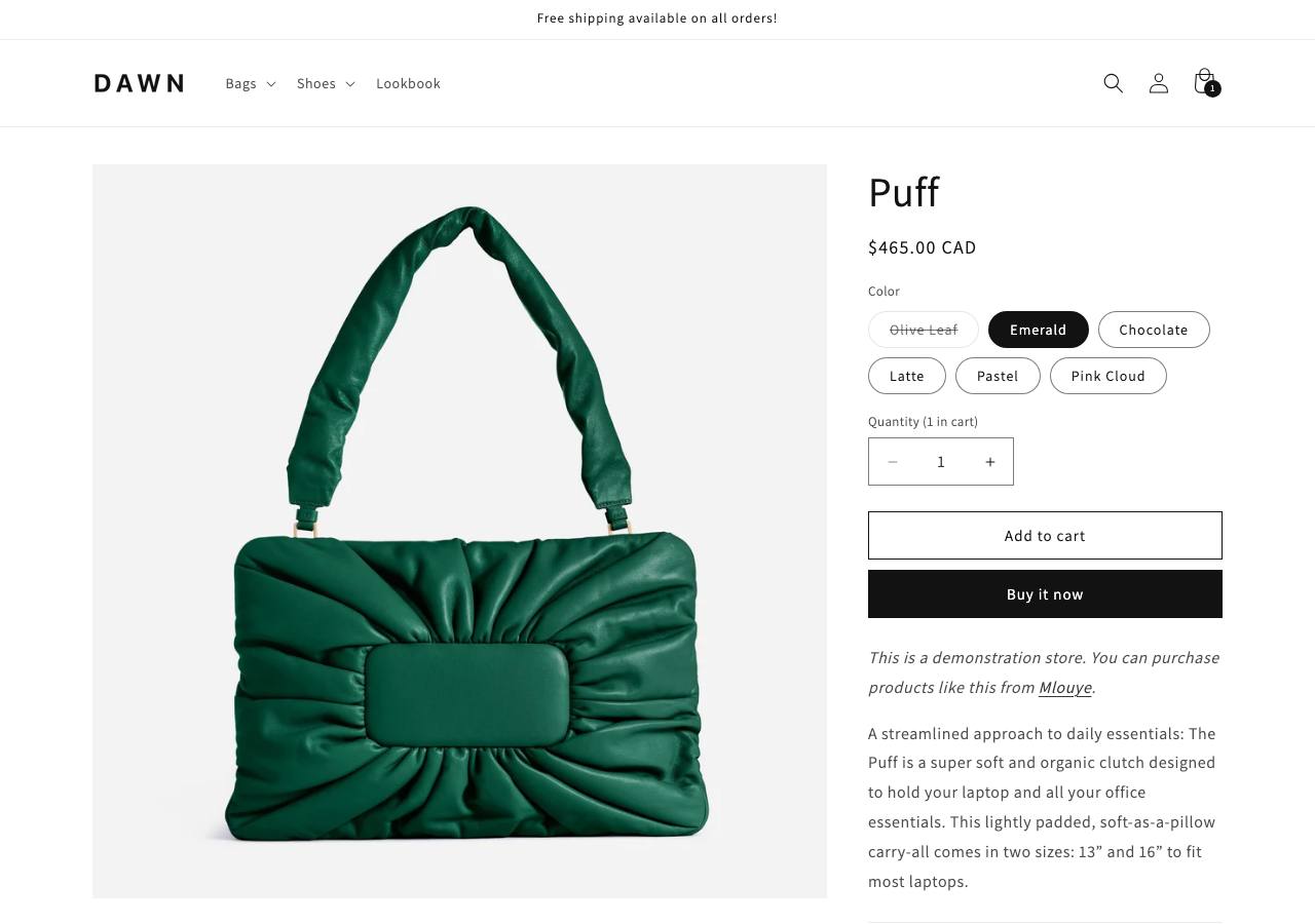 Real Shopify product page on the Dawn demo store showing the Puff bag, colour swatches, and the Add to cart and Buy it now buttons