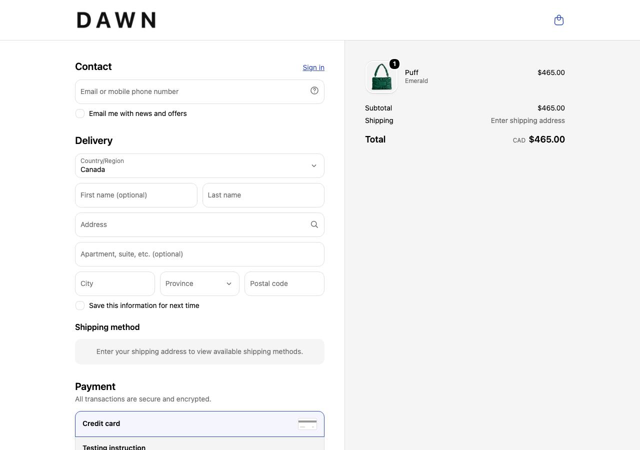 Real Shopify checkout page on the Dawn demo store showing Contact, Delivery, Shipping method, and Payment sections stacked on one page