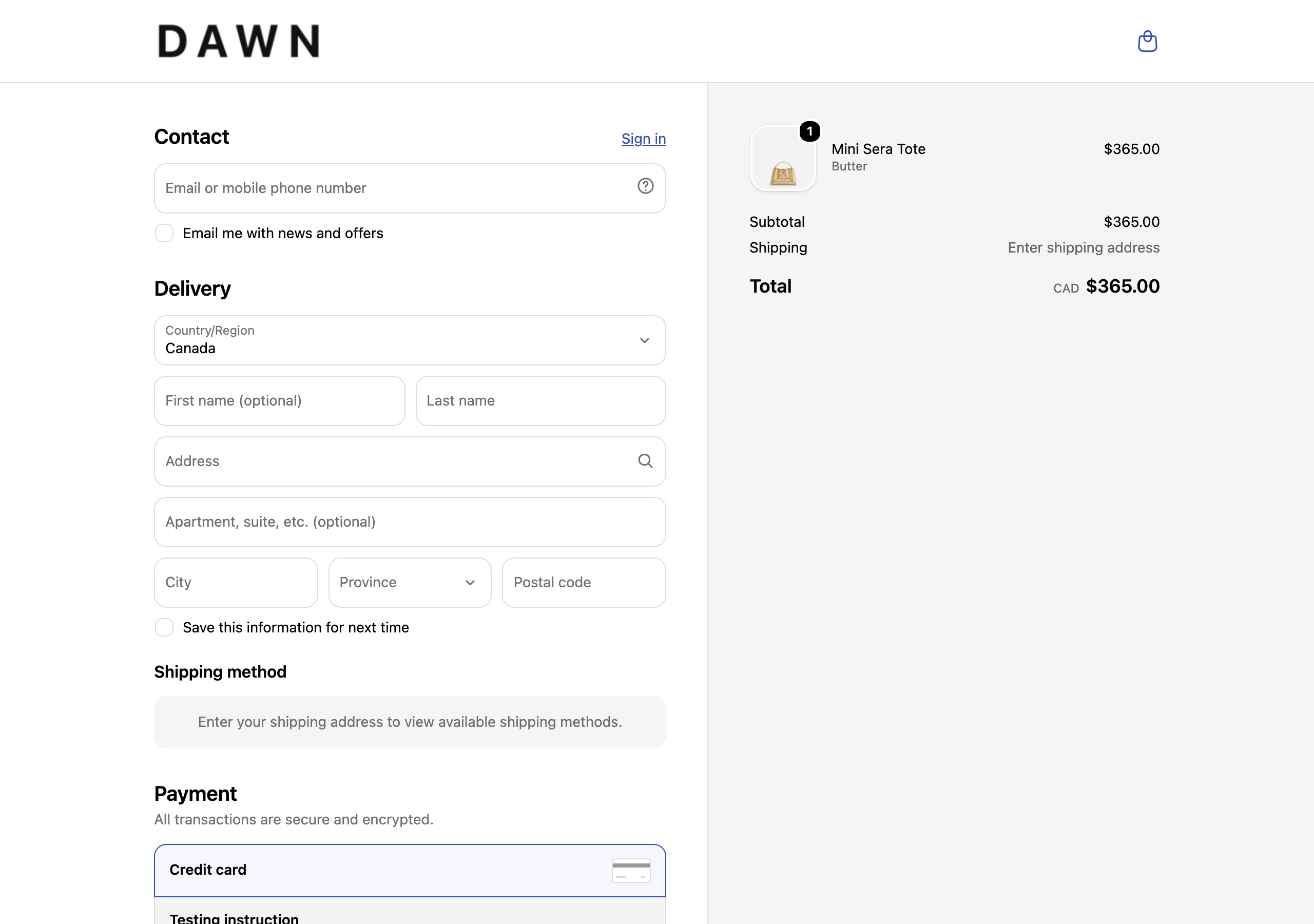 Dawn demo store one-page Shopify checkout captured July 2026: guest email field with an optional sign-in link, delivery form with first name marked optional, order summary with costs visible on the right